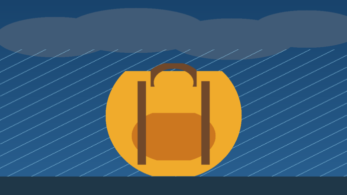 Mochila amarilla bajo lluvia en una ilustración original sin marcas
